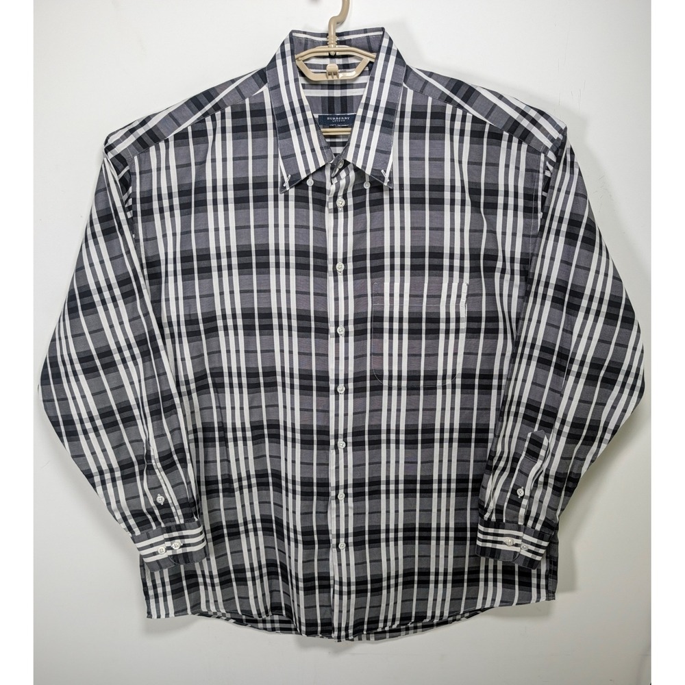 Vintage Burberry Mens Button Down Shirt XXL Nova Check 100% Cotton Gray Regular